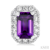 5x3 MM Octagonal Shape Amethyst and 1/8 Ctw Single Cut Diamond Halo Semi-Precious Stud Earrings in 10K White Gold
